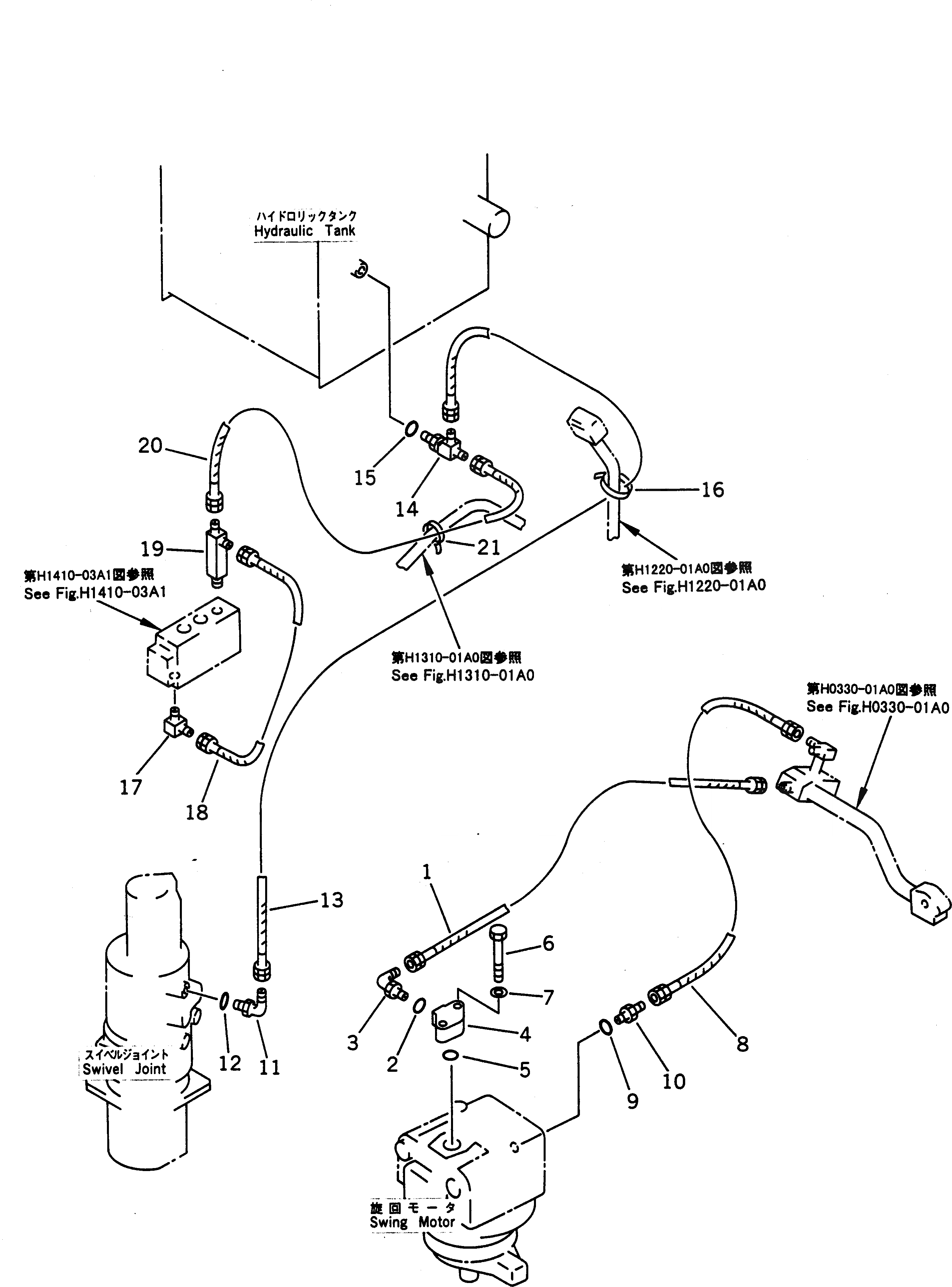 Схема запчастей Komatsu PW200-1 - ГИДРОЛИНИЯ (ВОЗВРАТ.) (МОТОР - БАК)            (ДЛЯ РУЛЕВ. УПРАВЛЕНИЕ АВТОМАТИЧ.-SELECT) ГИДРАВЛИКА