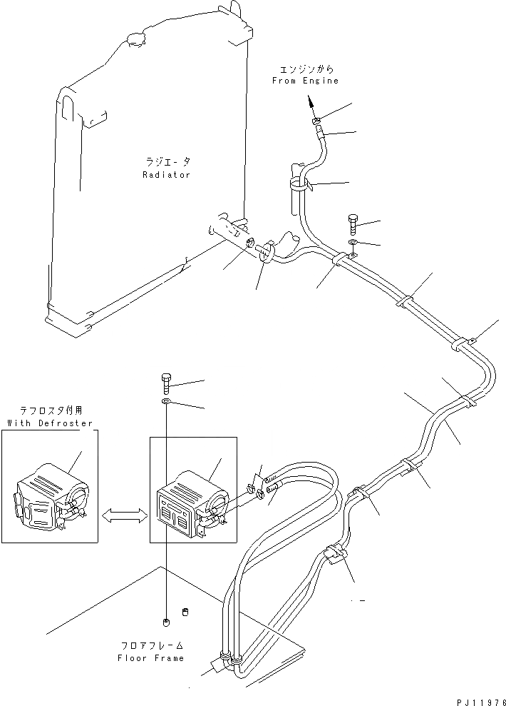 Схема запчастей Komatsu PW200-1 - ОБОГРЕВАТЕЛЬ. И ТРУБЫ КАБИНА ОПЕРАТОРА И СИСТЕМА УПРАВЛЕНИЯ