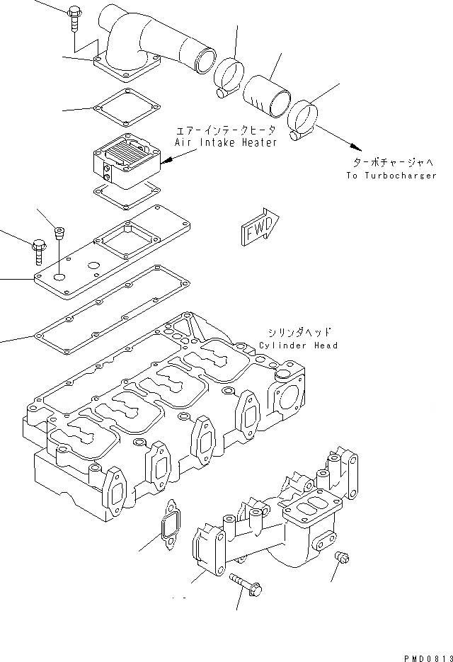 Схема запчастей Komatsu S4D102E-1F - ВЫПУСКНОЙ КОЛЛЕКТОР И ВОЗД. СОЕДИН-Е(№-7) ДВИГАТЕЛЬ