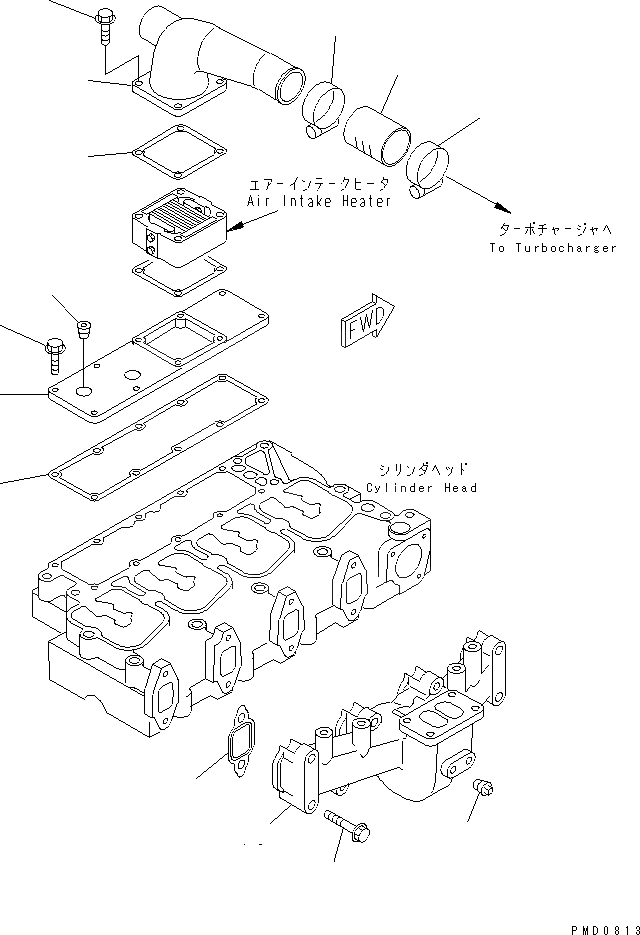 Схема запчастей Komatsu S4D102E-1E-23 - ВЫПУСКНОЙ КОЛЛЕКТОР И ВОЗД. СОЕДИН-Е(№-977) ДВИГАТЕЛЬ