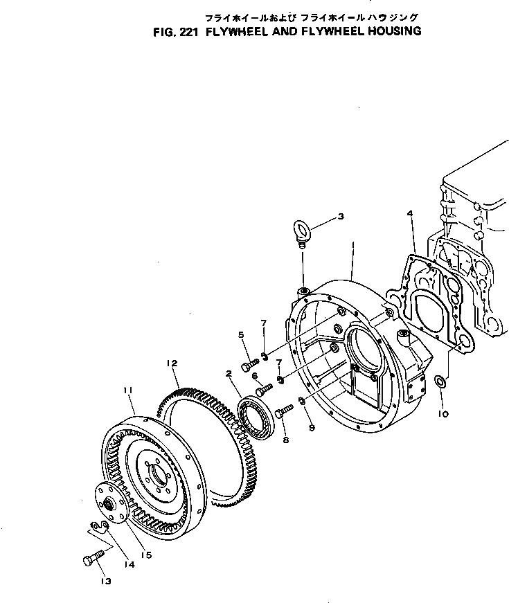 Схема запчастей Komatsu S4D120-11F - МАХОВИК И КАРТЕР МАХОВИКА БЛОК ЦИЛИНДРОВ