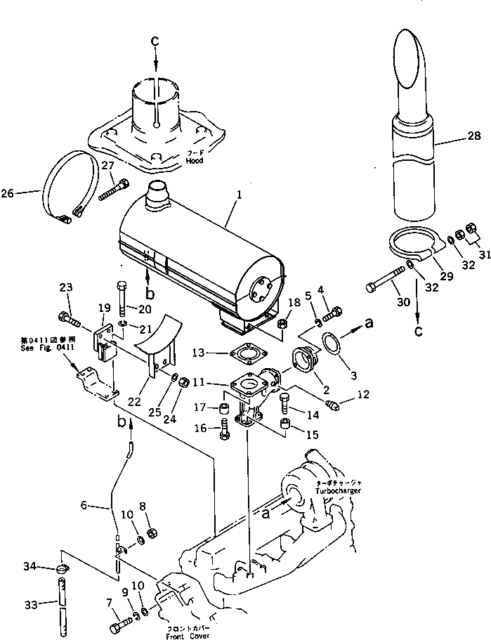 Схема запчастей Komatsu S6D105-1AH - ГЛУШИТЕЛЬ И КРЕПЛЕНИЕ (ТУННЕЛЬН. СПЕЦ-Я.)(№98-) ГОЛОВКА ЦИЛИНДРОВ