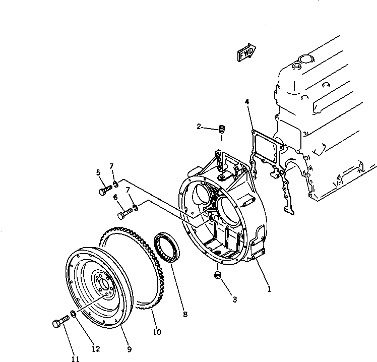 Схема запчастей Komatsu S6D105-1V - МАХОВИК И КАРТЕР МАХОВИКА БЛОК ЦИЛИНДРОВ