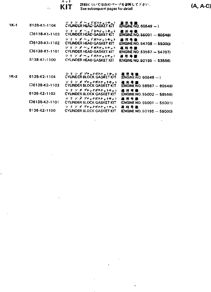 Схема запчастей Komatsu S6D110-1A - КОМПЛЕКТ ПРОКЛАДОК ДВИГАТЕЛЬ КОМПЛЕКТ