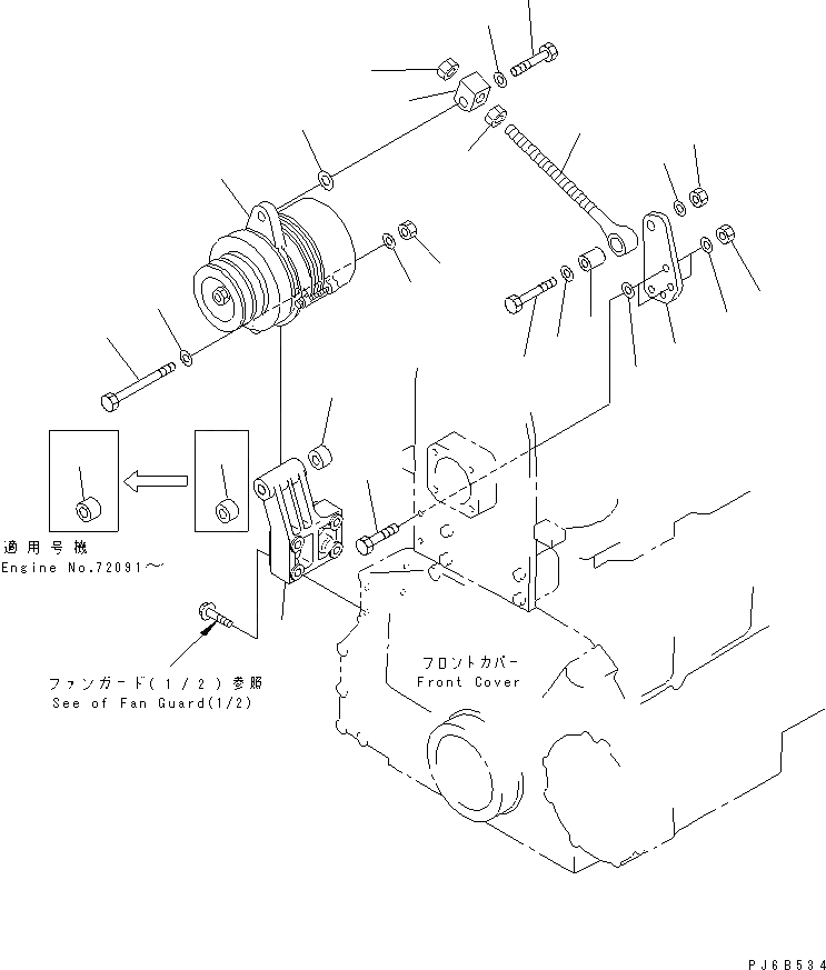Схема запчастей Komatsu S6D125E-2A-6 - ALTERNATER КРЕПЛЕНИЕ (A) (С ЗАКАЛЕННЫМ ШКИВОМ)(№-) ДВИГАТЕЛЬ