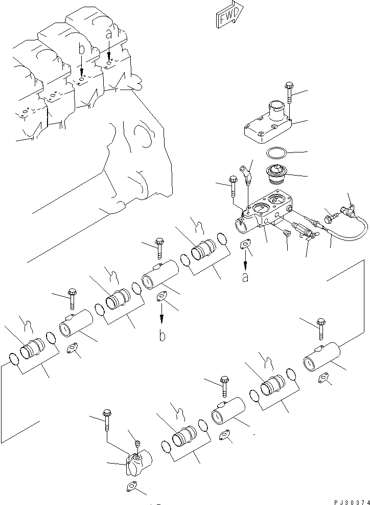 Схема запчастей Komatsu S6D125-1S-FA - ВОДЯНОЙ КОЛЛЕКТОР (С ДАТЧИК ТЕМПЕРАТУРЫ ВОДЫ)(№7-8) ДВИГАТЕЛЬ