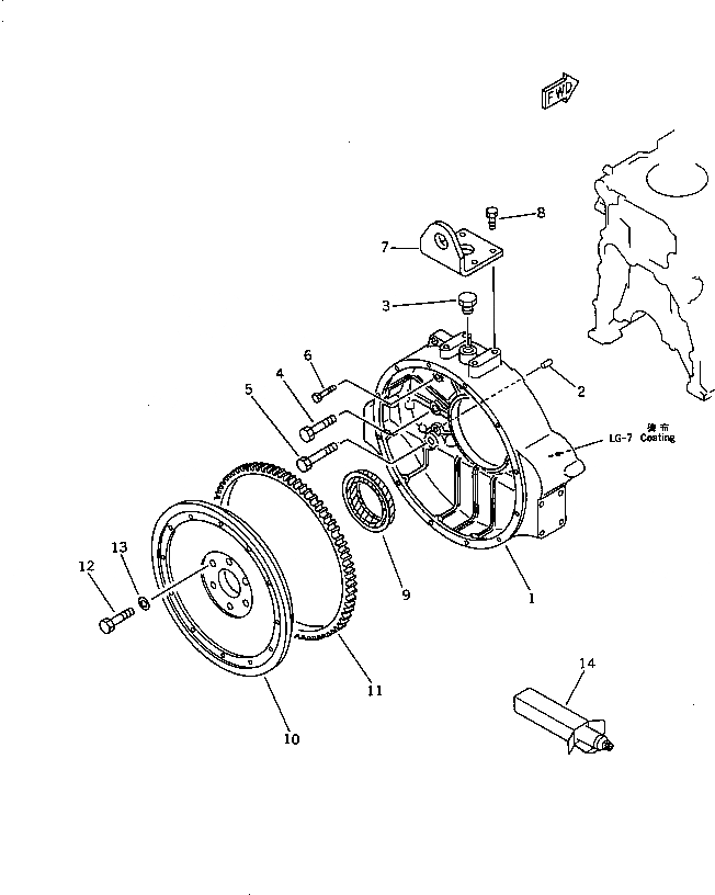 Схема запчастей Komatsu S6D125-1M-FA - МАХОВИК И КАРТЕР МАХОВИКА (LOG ПОГРУЗ.)(№7-) ДВИГАТЕЛЬ