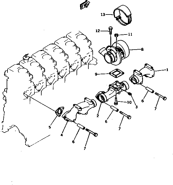 Схема запчастей Komatsu S6D125-1VV-FK - ВЫПУСКНОЙ КОЛЛЕКТОР И ТУРБОНАГНЕТАТЕЛЬ(№888-) ДВИГАТЕЛЬ