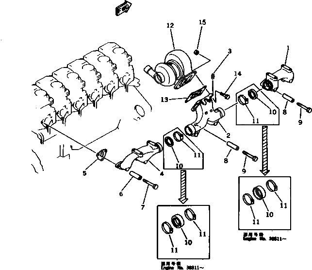 Схема запчастей Komatsu S6D125-1D - ВЫПУСКНОЙ КОЛЛЕКТОР И ТУРБОНАГНЕТАТЕЛЬ(№-) ГОЛОВКА ЦИЛИНДРОВ