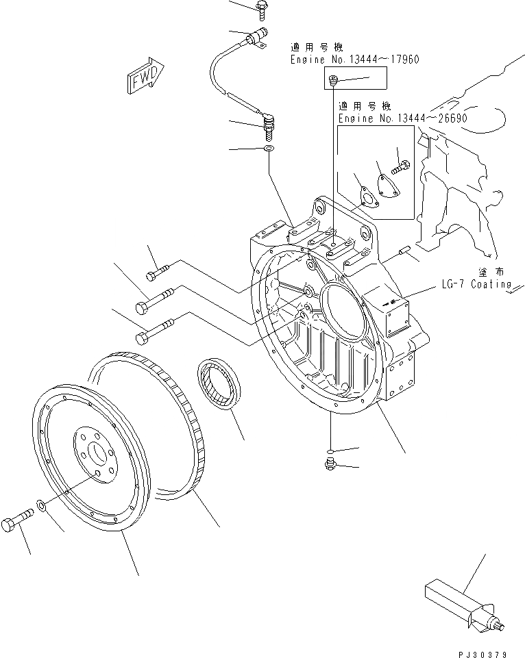Схема запчастей Komatsu S6D125-1T - МАХОВИК И КАРТЕР МАХОВИКА (С PICK-UP ДАТЧИК) БЛОК ЦИЛИНДРОВ