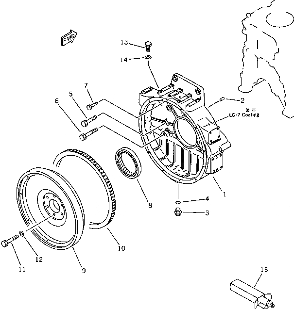 Схема запчастей Komatsu S6D125-1T - МАХОВИК И КАРТЕР МАХОВИКА (МОРОЗОУСТОЙЧИВ. СПЕЦИФИКАЦИЯ)(№9-) БЛОК ЦИЛИНДРОВ