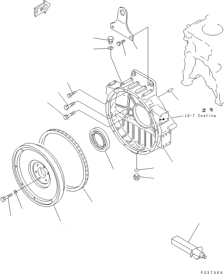 Схема запчастей Komatsu S6D125-1AD - МАХОВИК И КАРТЕР МАХОВИКА БЛОК ЦИЛИНДРОВ