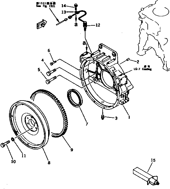 Схема запчастей Komatsu S6D125-1VV - МАХОВИК И КАРТЕР МАХОВИКА БЛОК ЦИЛИНДРОВ