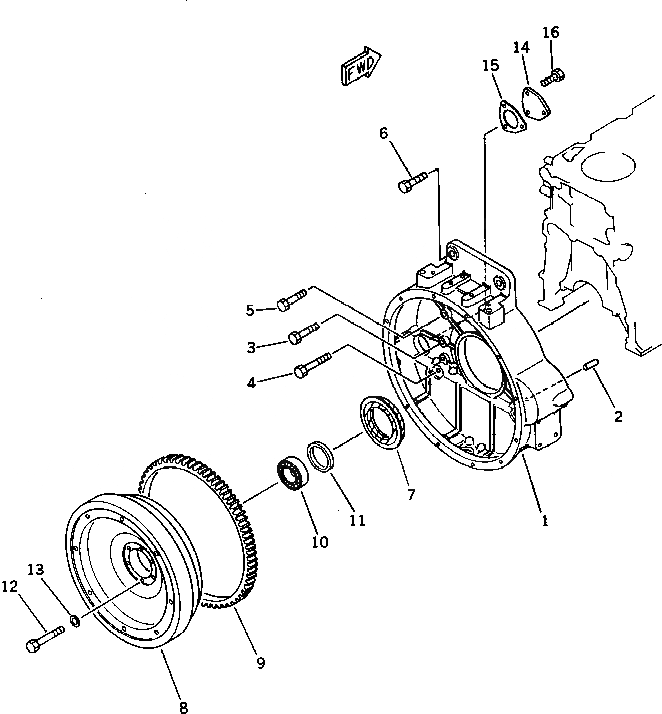 Схема запчастей Komatsu S6D125-1X - МАХОВИК И КАРТЕР МАХОВИКА БЛОК ЦИЛИНДРОВ