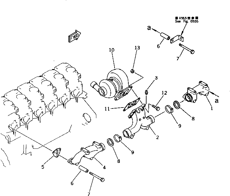 Схема запчастей Komatsu S6D125-1Y-B - ВЫПУСКНОЙ КОЛЛЕКТОР И ТУРБОНАГНЕТАТЕЛЬ ГОЛОВКА ЦИЛИНДРОВ