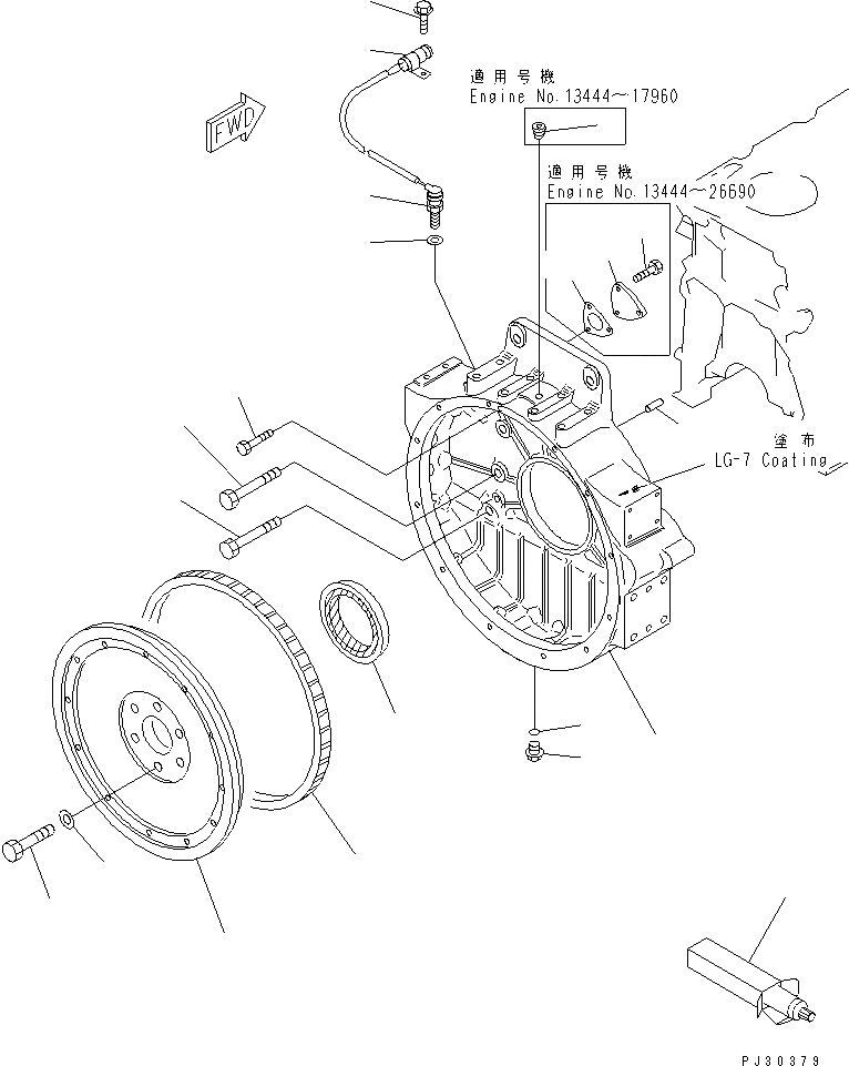 Схема запчастей Komatsu S6D125-1T - МАХОВИК И КАРТЕР МАХОВИКА (С PICK-UP ДАТЧИК) БЛОК ЦИЛИНДРОВ