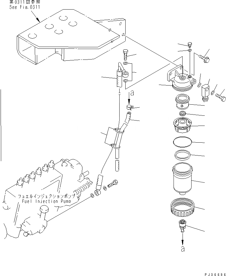 Схема запчастей Komatsu S6D140-1U - ВОДООТДЕЛИТЕЛЬ И ТРУБЫ (КРОМЕ ЯПОН.) ТОПЛИВН. СИСТЕМА