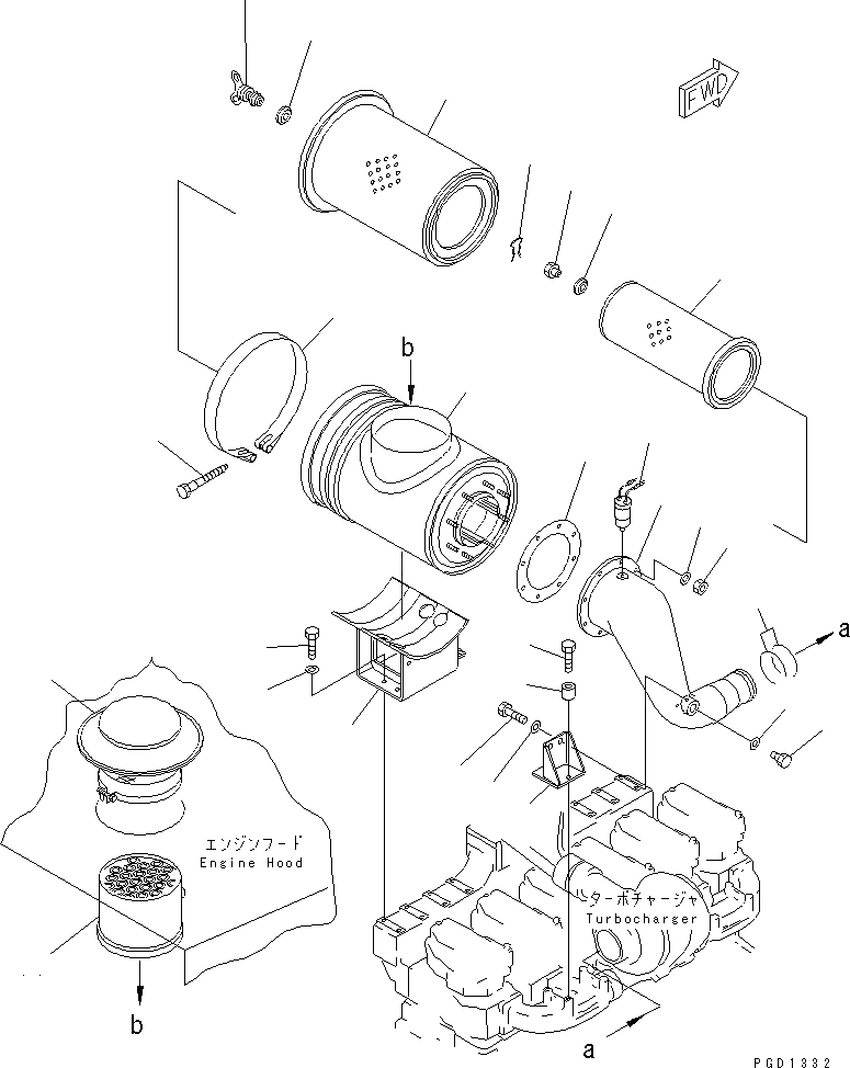 Схема запчастей Komatsu S6D140E-2A-6 - ВОЗДУХООЧИСТИТЕЛЬ (С УДЛИННЕНН. ВОЗДУХОЗАБОРНИКОМ)(№7-77) ДВИГАТЕЛЬ
