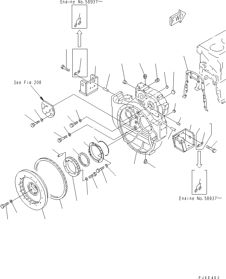 Схема запчастей Komatsu S6D155-4-R - МАХОВИК И КАРТЕР МАХОВИКА(№-) БЛОК ЦИЛИНДРОВ