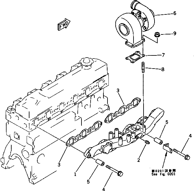 Схема запчастей Komatsu S6D95L-1GG - ВЫПУСКНОЙ КОЛЛЕКТОР И ТУРБОНАГНЕТАТЕЛЬ ГОЛОВКА ЦИЛИНДРОВ