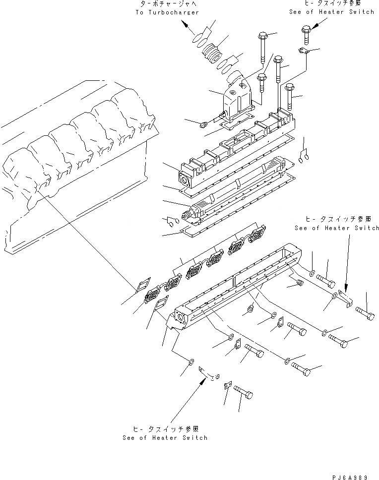 Схема запчастей Komatsu SA12V140-1E-A - ТРУБОПРОВОД ВПУСКА ВОЗДУХА И ПОСЛЕОХЛАДИТЕЛЬ (ЛЕВ. ГРУПП.) (С ПОДОГРЕВАТЕЛЬ ХЛАДАГЕНТА)(№9-) ДВИГАТЕЛЬ
