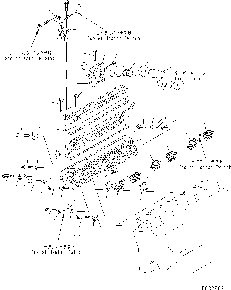Схема запчастей Komatsu SA12V140-1U-9A - ТРУБОПРОВОД ВПУСКА ВОЗДУХА И ПОСЛЕОХЛАДИТЕЛЬ (/) (ПРАВ. ГРУПП.)(№7-) ДВИГАТЕЛЬ