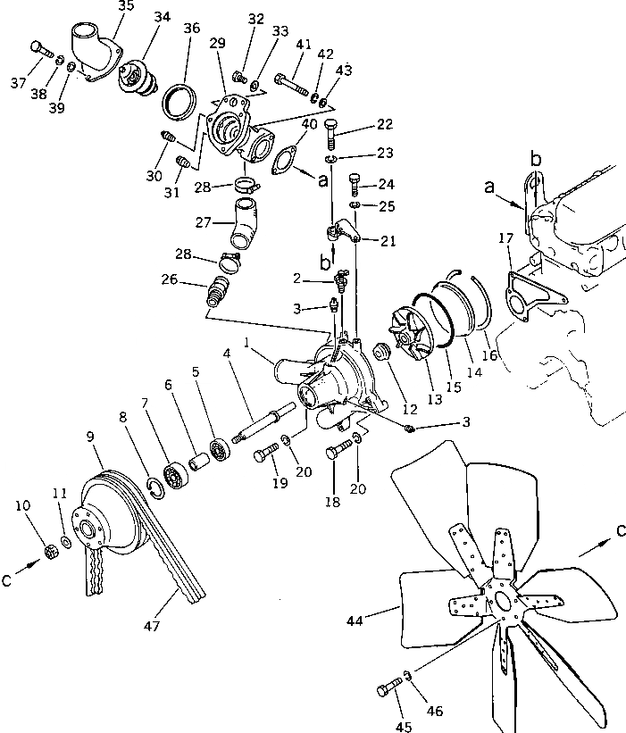 Схема запчастей Komatsu SA6D110-1A - ВОДЯНАЯ ПОМПА И ВЕНТИЛЯТОР ОХЛАЖДЕНИЯ (ВОДЯНАЯ ПОМПА С НЕ ЗАКАЛЕНН. ШКИВ)(№-7) СИСТЕМА ОХЛАЖДЕНИЯ