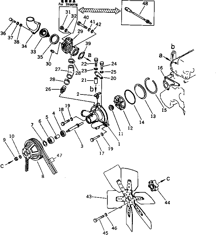 Схема запчастей Komatsu SA6D110-1V - ВОДЯНАЯ ПОМПА И ВЕНТИЛЯТОР ОХЛАЖДЕНИЯ (ВОДЯНАЯ ПОМПА С NON ЗАКАЛЕНН. ШКИВ) СИСТЕМА ОХЛАЖДЕНИЯ