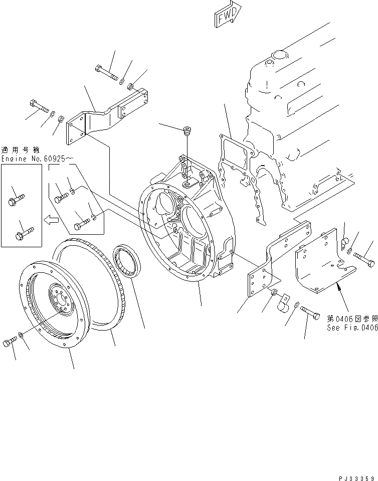 Схема запчастей Komatsu SA6D110-1W - МАХОВИК И КАРТЕР МАХОВИКА(№997-) БЛОК ЦИЛИНДРОВ
