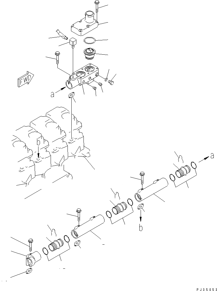Схема запчастей Komatsu SA6D125-1Q - ВОДЯНОЙ КОЛЛЕКТОР И ТЕРМОСТАТ ГОЛОВКА ЦИЛИНДРОВ