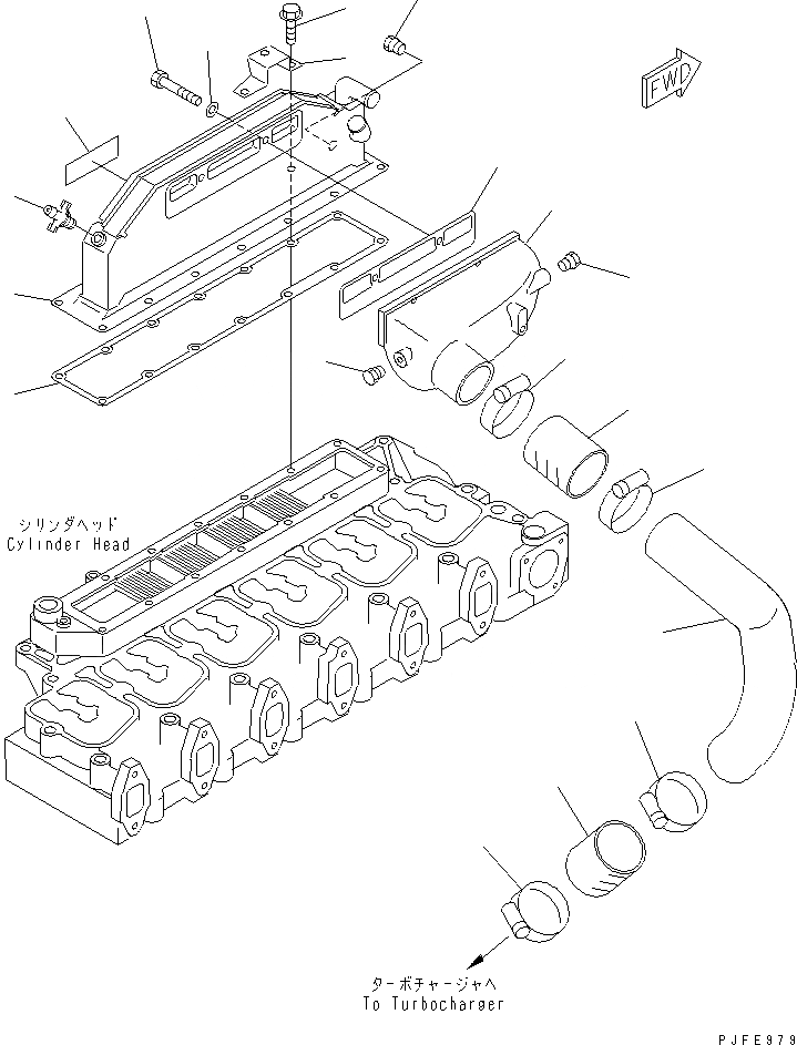 Схема запчастей Komatsu 6D125-1XX-B - ВЫПУСКНОЙ КОЛЛЕКТОР И ПОСЛЕОХЛАДИТЕЛЬ(№98-) ТОПЛИВН. СИСТЕМА