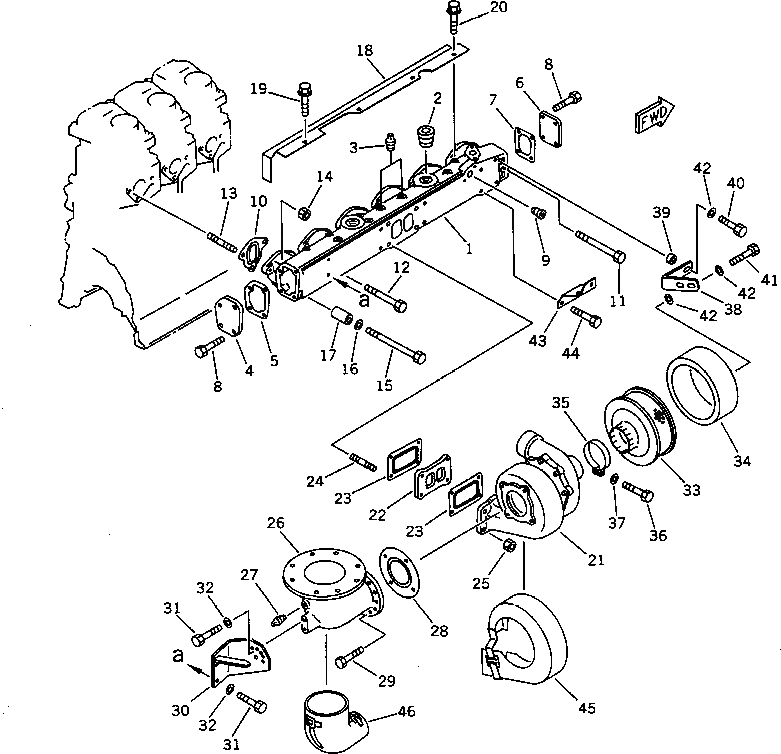 Схема запчастей Komatsu SA6D125-1AA - ВЫПУСКНОЙ КОЛЛЕКТОР И ТУРБОНАГНЕТАТЕЛЬ ГОЛОВКА ЦИЛИНДРОВ