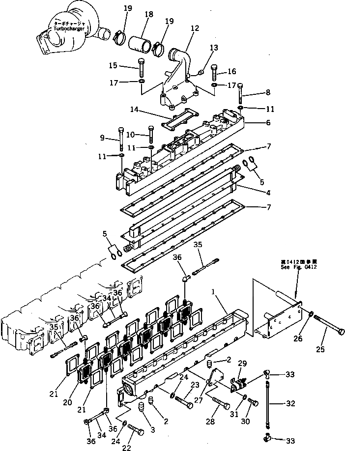 Схема запчастей Komatsu SA6D125-1T - ТРУБОПРОВОД ВПУСКА ВОЗДУХА И ПОСЛЕОХЛАДИТЕЛЬ ГОЛОВКА ЦИЛИНДРОВ