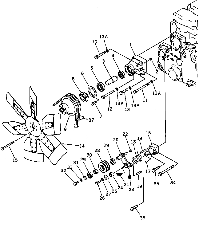 Схема запчастей Komatsu SA6D140-1B - ВЕНТИЛЯТОР ОХЛАЖДЕНИЯ И НАТЯЖНОЙ РОЛИК СИСТЕМА ОХЛАЖДЕНИЯ