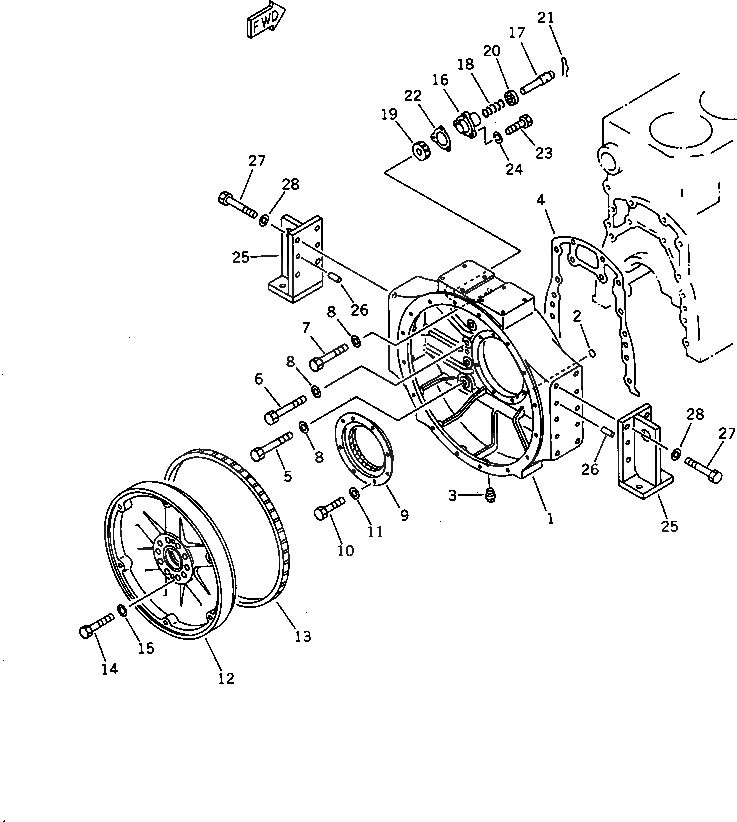 Схема запчастей Komatsu SA6D170-A-1Q - МАХОВИК И КАРТЕР МАХОВИКА БЛОК ЦИЛИНДРОВ