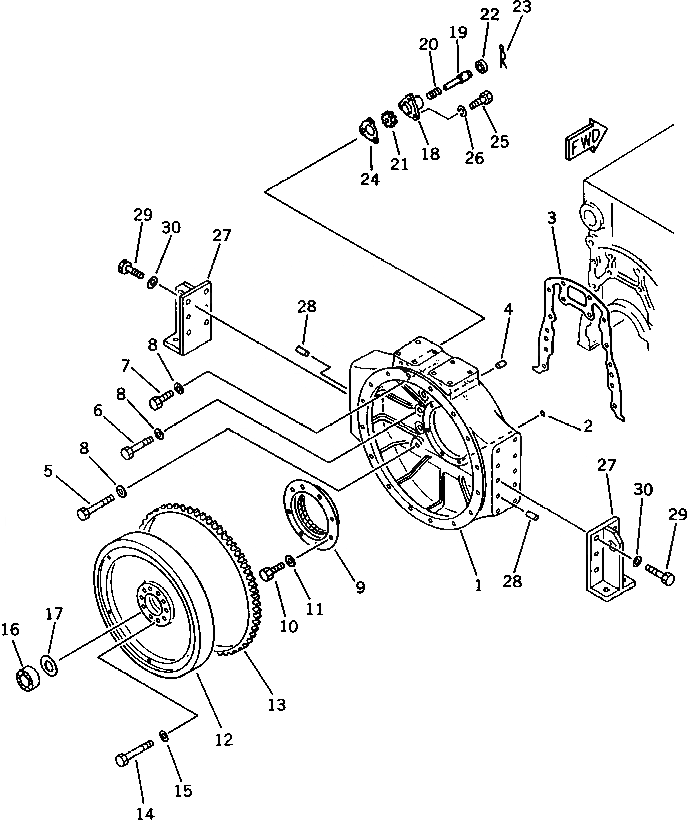 Схема запчастей Komatsu SA6D170-B-1D - МАХОВИК И КАРТЕР МАХОВИКА БЛОК ЦИЛИНДРОВ