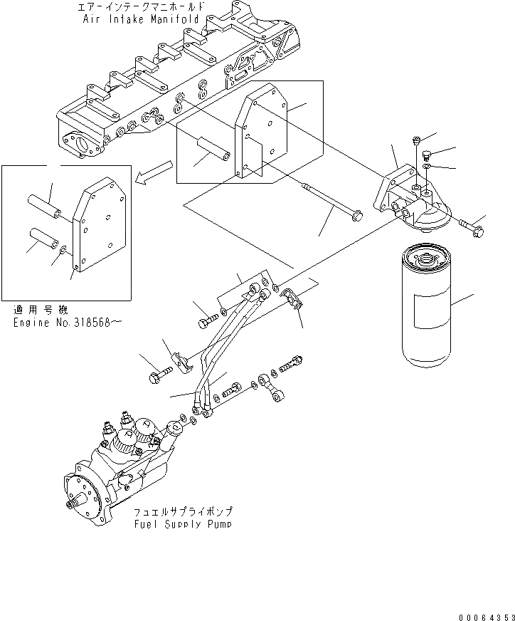 Схема запчастей Komatsu SAA6D125E-3L-8A - ТОПЛИВН. ФИЛЬТР. И ТРУБЫ (РЕЗЬБА -/8)(№9-) ДВИГАТЕЛЬ