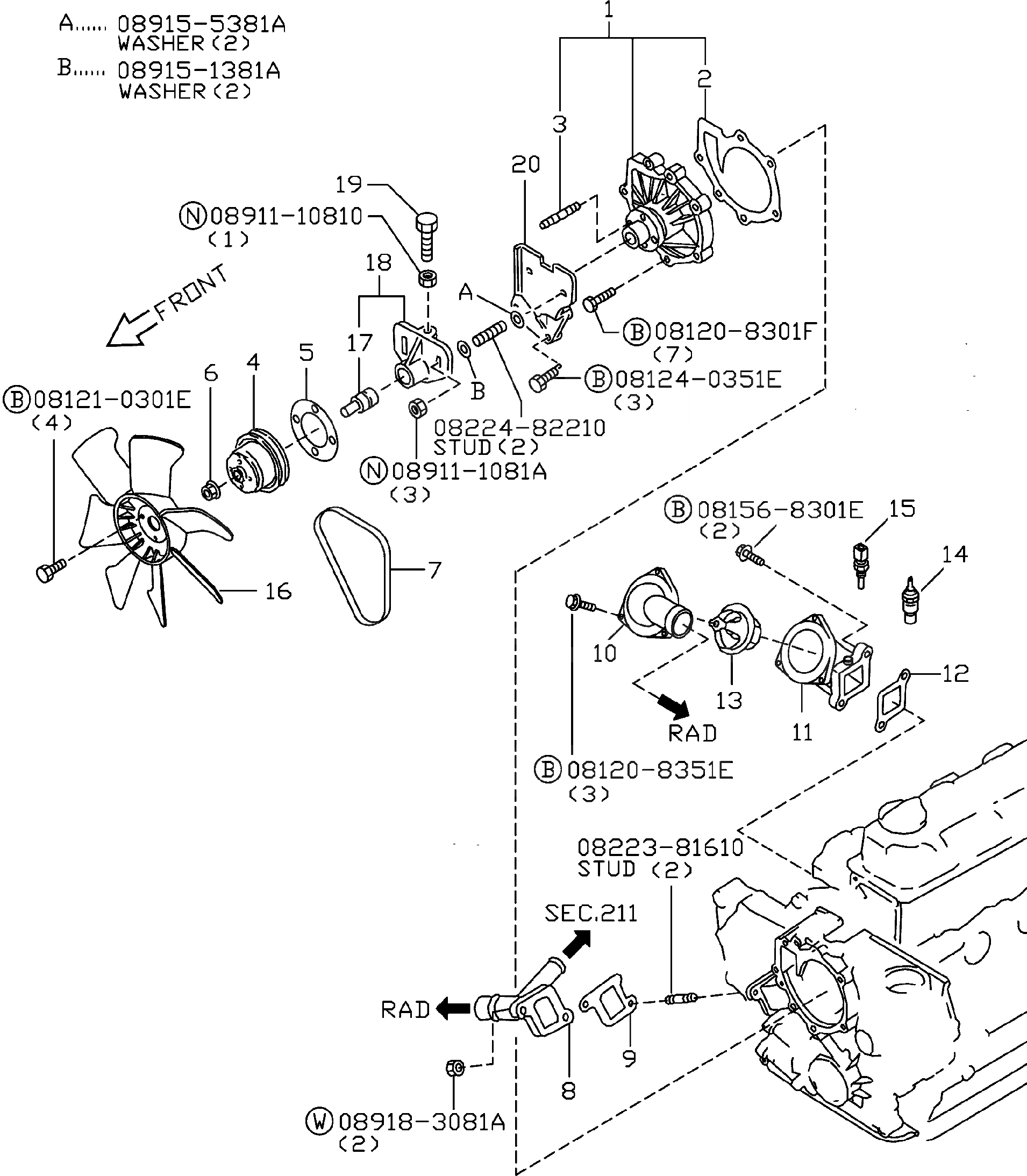 Схема запчастей Komatsu TB45-1 - ВОДЯНАЯ ПОМПА¤ ВЕНТИЛЯТОР ОХЛАЖДЕНИЯ И ТЕРМОСТАТ ДВИГАТЕЛЬ