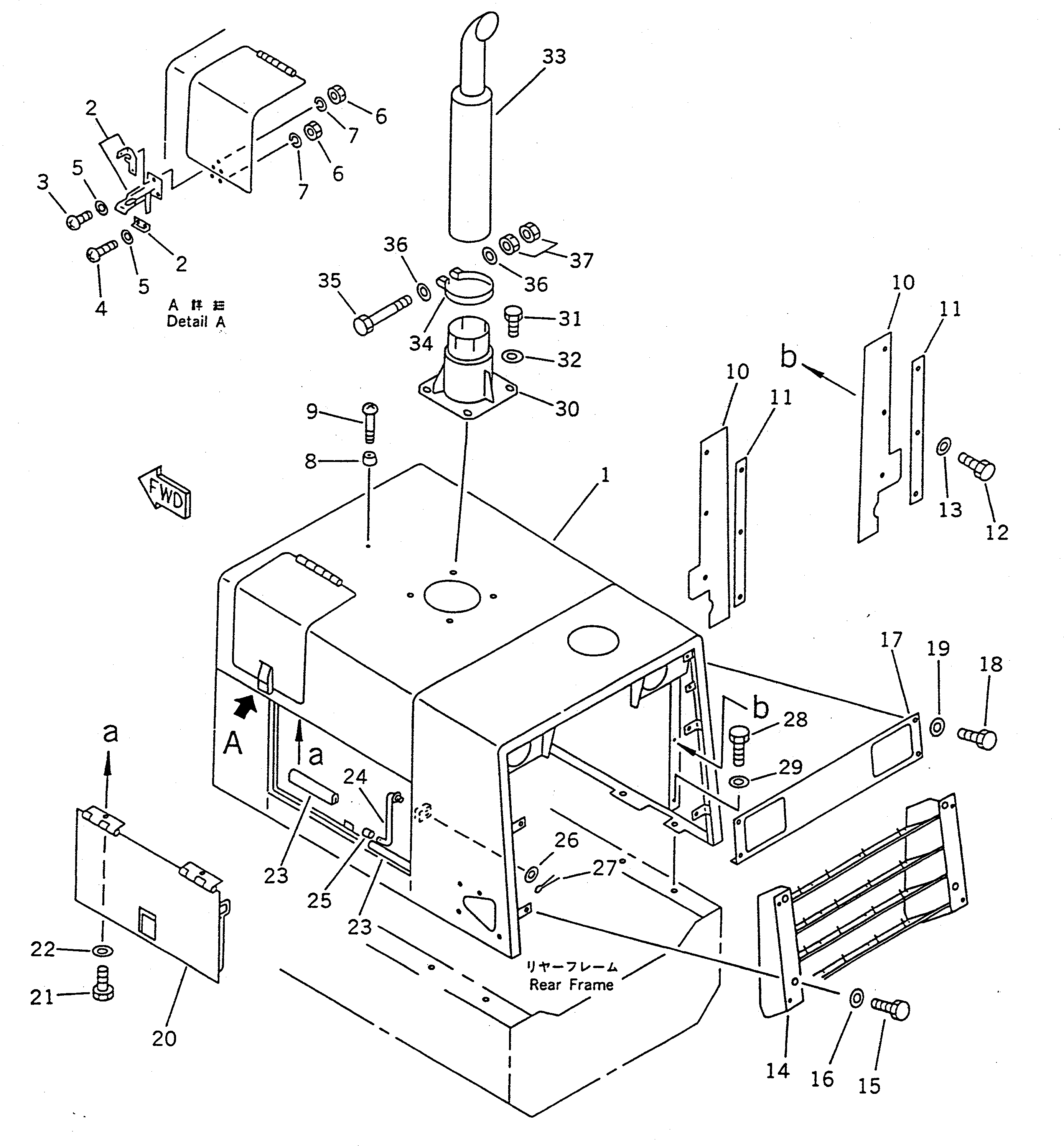 Схема запчастей Komatsu WA100-1 - КАПОТ И БОКОВ. КРЫШКА (/)(№-) РАМА И ЧАСТИ КОРПУСА