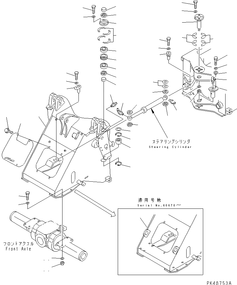 Схема запчастей Komatsu WA100-3-XW - ПЕРЕДН. РАМА (С ПЕРЕДН. НАВЕСН. ОБОРУД) (С 4-Х СЕКЦИОНН. УПРАВЛЯЮЩ. КЛАПАН)(№-) РАМА И ЧАСТИ КОРПУСА