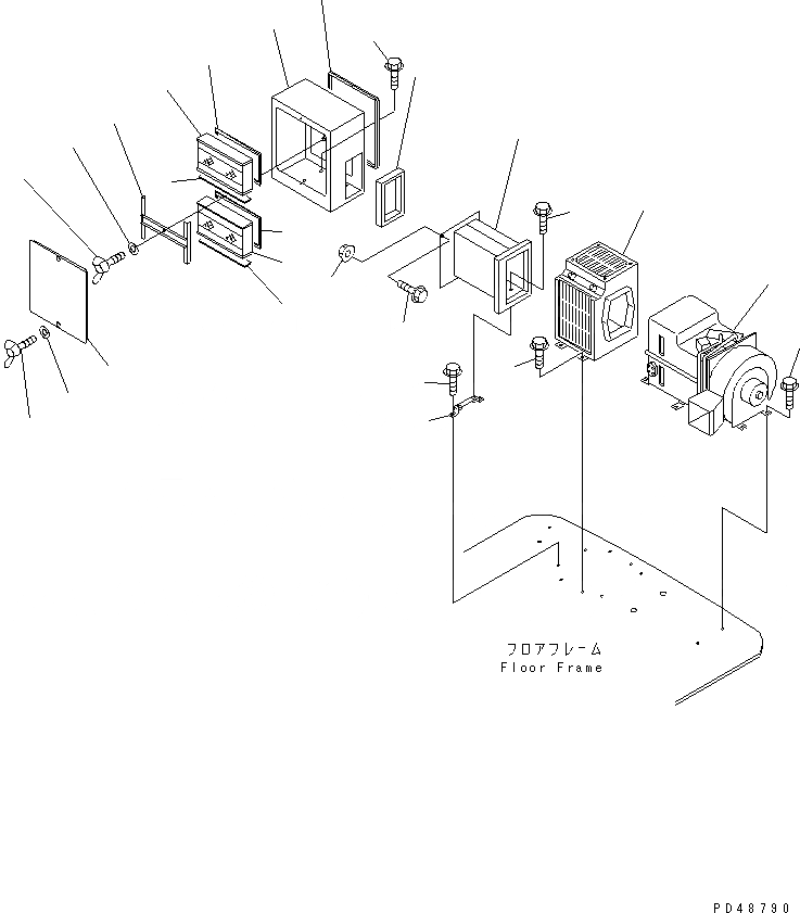 Схема запчастей Komatsu WA100-3-XW - ЧАСТИ ОБОГР-ЛЯ (/) (ОТОПИТЕЛЬ КРЕПЛЕНИЕAND ВОЗД.   ОТСЕК ФИЛЬТРОВ) (С КАБИНОЙ ДЛЯ 2 ЧЕЛ.)(№-) РАМА И ЧАСТИ КОРПУСА