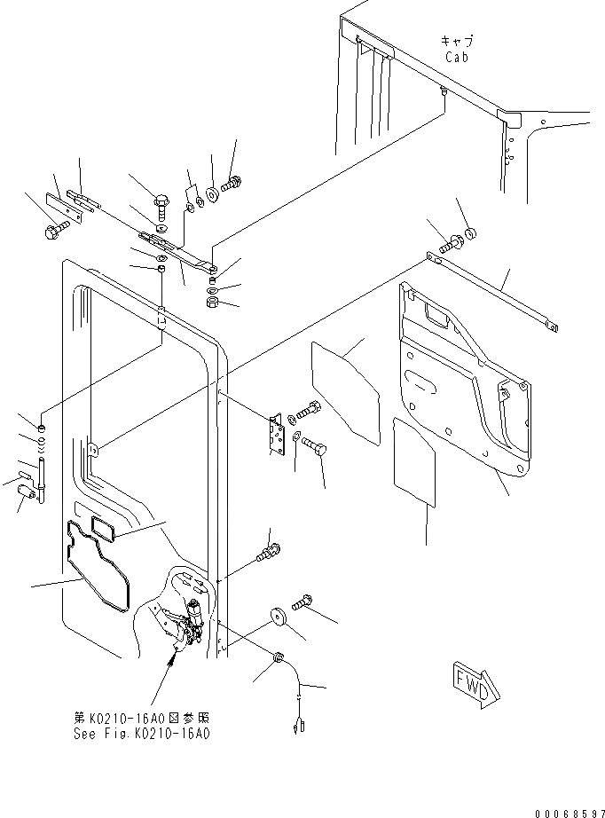 Схема запчастей Komatsu WA1200-3 - КАБИНА (ПРАВ. ДВЕРЬ В СБОРЕ¤ /) (ДВЕРЬ ФИКСАТОР ОТКРЫТИЯ¤ ПОДУШКА И РУЧКА) КАБИНА ОПЕРАТОРА И СИСТЕМА УПРАВЛЕНИЯ