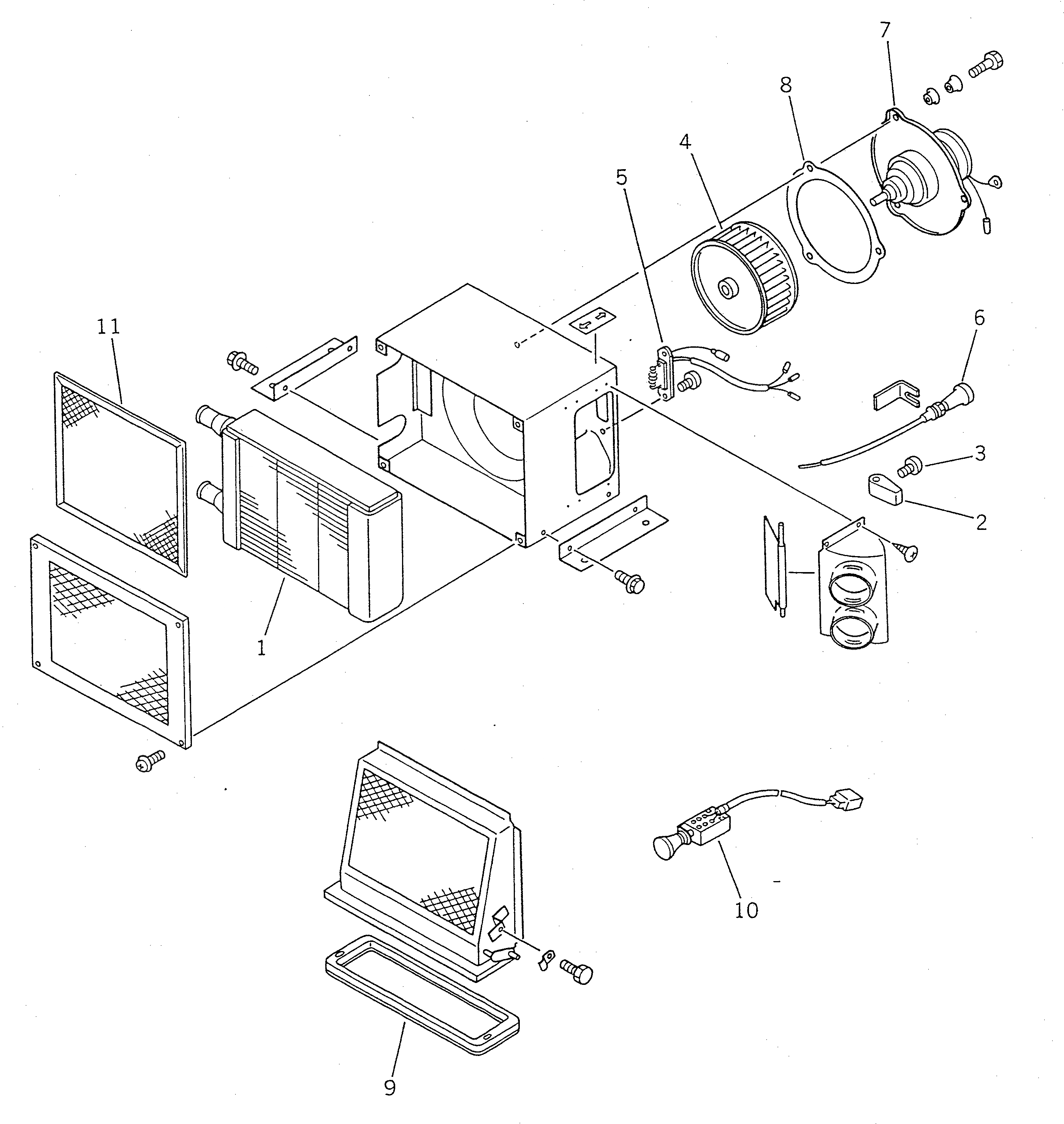 Схема запчастей Komatsu WA150-1 - ОБОГРЕВАТЕЛЬ. БЛОК(№-9999) РАМА И ЧАСТИ КОРПУСА