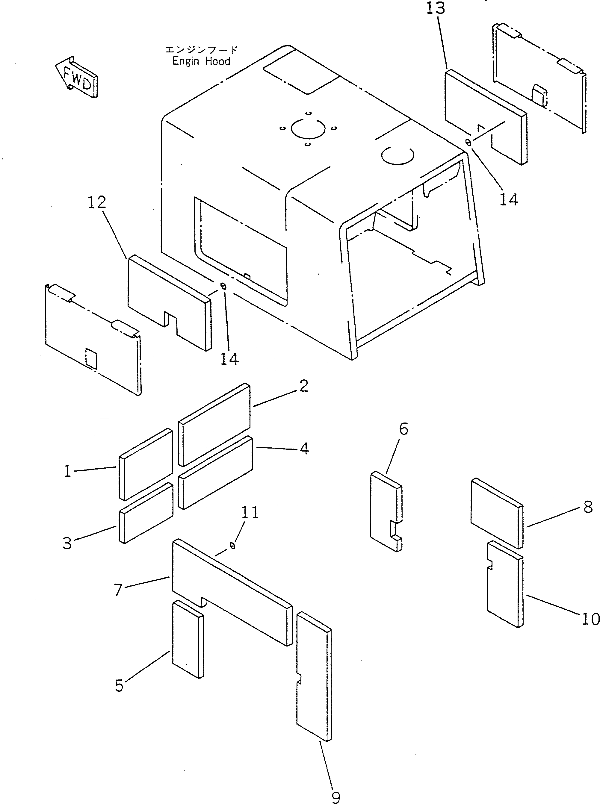 Схема запчастей Komatsu WA150-1 - КАПОТ И БОКОВ. КРЫШКА (/)(№-) РАМА И ЧАСТИ КОРПУСА