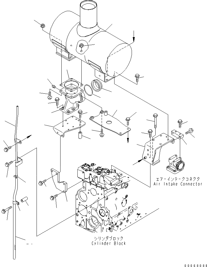 Схема запчастей Komatsu WA250PZ-6 - ВЫПУСКН. ГЛУШИТЕЛЬ И МОНТАЖНЫЙ КАРКАС, ДЛЯ ГЕНЕРАТОРА 90А(ESN 98-) AA ДВИГАТЕЛЬ