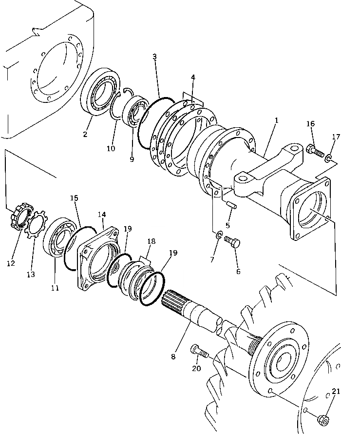 Схема запчастей Komatsu WA30-2 - КОЖУХ МОСТА ВЕДУЩ. ВАЛ¤ ДИФФЕРЕНЦ. И КОЛЕСА