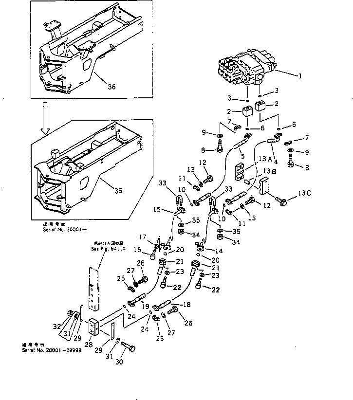 Схема запчастей Komatsu WA300-1 - ГИДРОЛИНИЯ (ПЕРЕДН. НАВЕСН. ОБОРУД) (/)(№-) УПРАВЛ-Е РАБОЧИМ ОБОРУДОВАНИЕМ