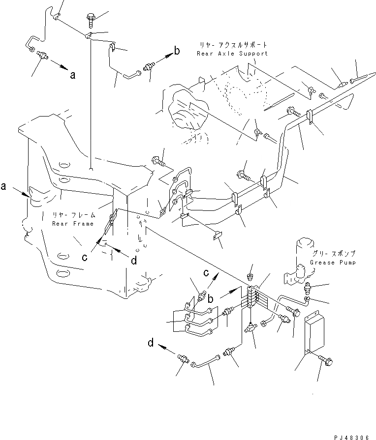 Схема запчастей Komatsu WA300-3A-X - АВТОМАТИЧ. СМАЗ. СИСТЕМА ЗАДН. РАМА(№-) РАМА И ЧАСТИ КОРПУСА