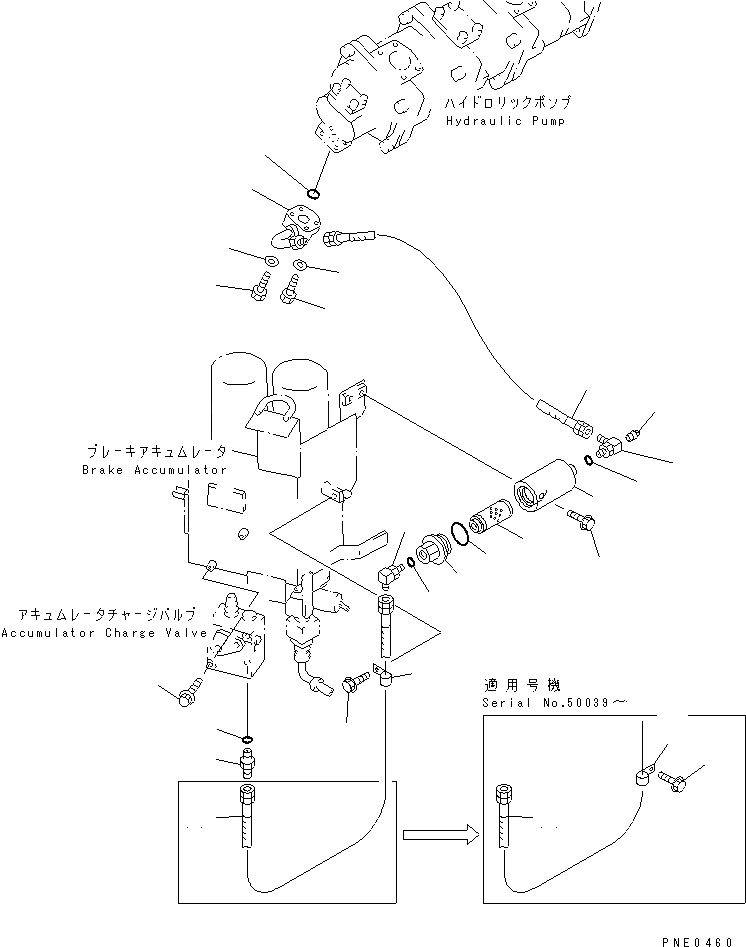 Схема запчастей Komatsu WA350-3A-S - ТОРМОЗ. МАСЛОПРОВОДЯЩАЯ ЛИНИЯ (НАСОС PPC - КЛАПАН АККУМУЛЯТОРА)(№-) ВЕДУЩ. ВАЛ¤ ДИФФЕРЕНЦ. И КОЛЕСА