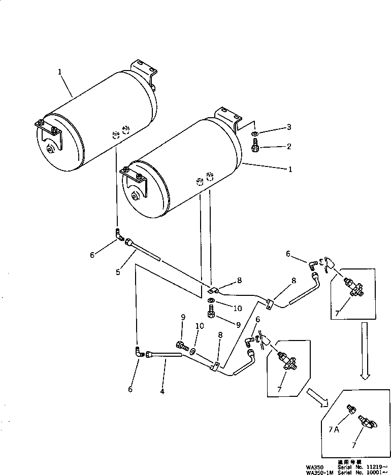 Схема запчастей Komatsu WA350-1 - ВОЗДУХОВОД (СУХ. БАК)(№-9999) ВЕДУЩ. ВАЛ¤ ДИФФЕРЕНЦ. И КОЛЕСА